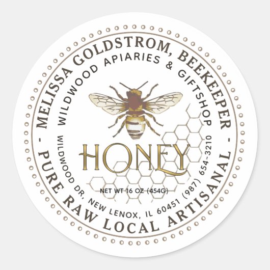 Honing Label Bee op Honingraat Metallic Gold (Voorkant)