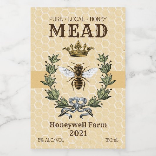 Honing Mead Bee en Kroon Wijn Etiket (Enkel label)