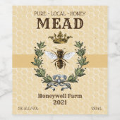 Honing Mead Bee en Kroon Wijn Etiket (Enkel label)