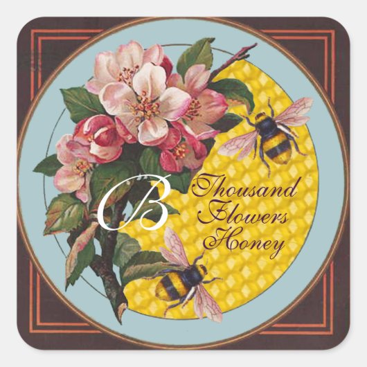 HONING MET WILDE ROZEN MONOGRAM VIERKANTE STICKER (Voorkant)