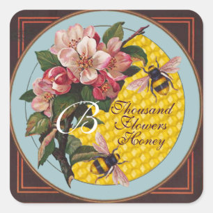 HONING MET WILDE ROZEN MONOGRAM VIERKANTE STICKER