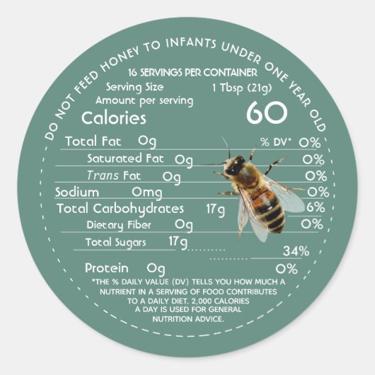Honing Nutrition Facts Baby Warning & Bee Green C Ronde Sticker (Voorkant)
