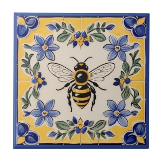Honingbij blauw en geel mediterraan tegeltje (Voorkant)