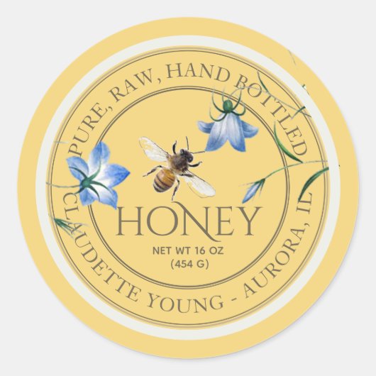 Honingbij en blauw bloemengele honingkeur ronde sticker (Voorkant)
