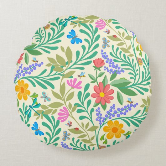 Honingbij, Lieveheersbeestje, Vlinder, Libel & Blo Rond Kussen (Voorkant)