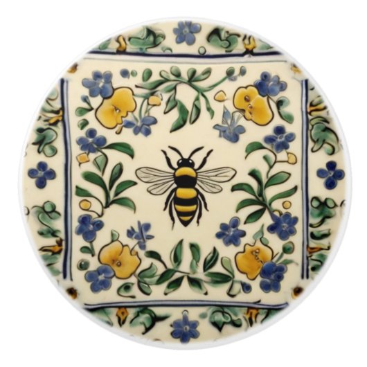 Honingbij Traditioneel Blauw Geel Mediterraan Keramische Knop (Voorkant)