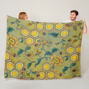 HONINGBIJEN,BIJENKORVEN,LENTEBLOEMEN ,Geel Groen Fleece Deken