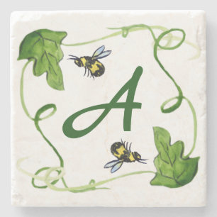 Honingbijen Groen leder Aangepast monogram Stenen Onderzetter
