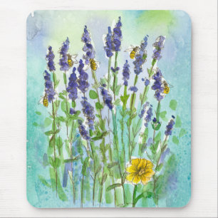 Honingbijen Lavendel Waterverf Bloemen Blauw Muismat