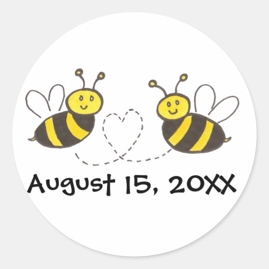 Honingbijen met hart met  datum ronde sticker (Voorkant)