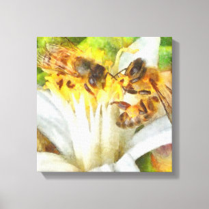Honingbijen op de Waterverf van Lemon Blossom Canvas Afdruk