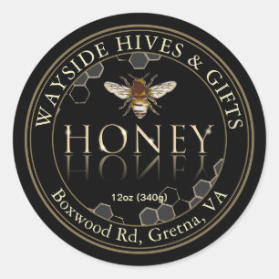 Honingetiket Bijen honingraat op zwart met rand Ronde Sticker