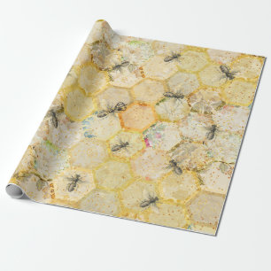 Honingkoningin Bee Floral Honeycomb Gold Cadeaupapier