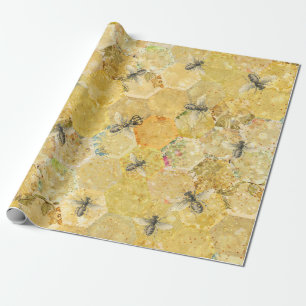 Honingkoningin Bee Floral Honeycomb Gold Cadeaupapier