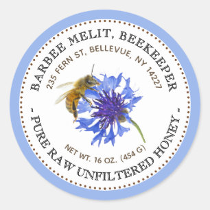 Honinglabel Blauwe Bloem Bij met Blauwe Rand Ronde Sticker