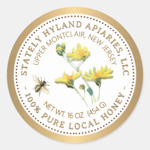 Honinglabel Gele Bloem Bij en Gouden Rand Ronde Sticker