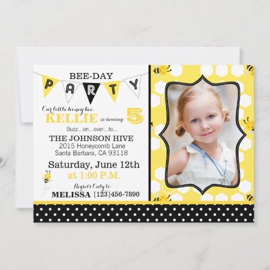 Honingraat Stippen en Bumble Bee Verjaardag Uitnod Kaart (Voorkant)