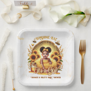 Honingraat & Zonnebloemen Schattige Afro Puff Baby Papieren Bordje