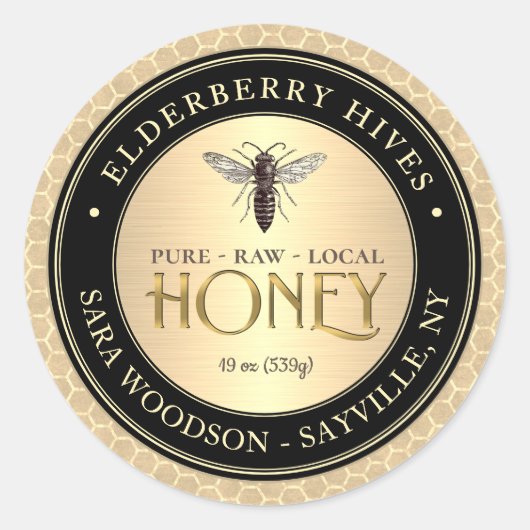 Honingraat Zwart Goud Honing Label  Queen Bee (Voorkant)