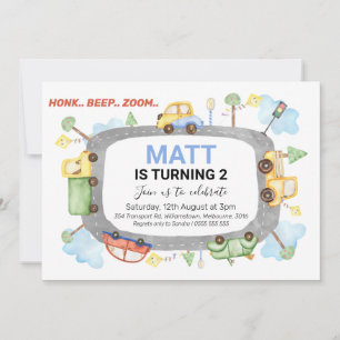 Honk Beep Zoom Transport Birthday Party Uitnodigin Kaart