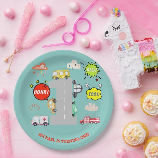 Honk piep toot voertuigen eerste jongen verjaardag papieren bordje (Feest)