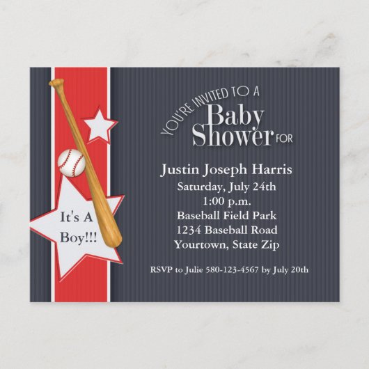 Honkbal Baby shower Uitnodiging Navy Red Briefkaart (Voorkant)