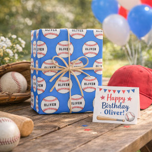 Honkbal Bal Blauwe Patroon Kinderen Naam Inpakpapier Vel