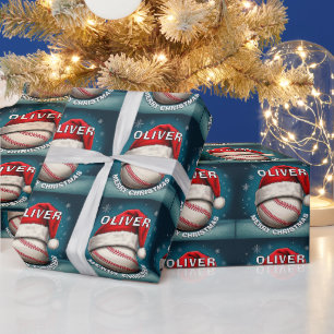Honkbal Bal Rode Kerstman Hoed Naam Kerstmis  Cadeaupapier