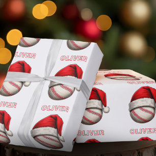 Honkbal Bal Rode Kerstman Hoed Naam Kerstmis  Cadeaupapier