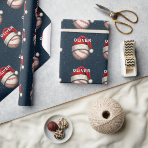 Honkbal Bal Rode Kerstman Hoed Naam Kerstmis  Cadeaupapier