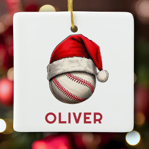 Honkbal Bal Rode Kerstman Hoed Naam Kerstmis Keramisch Ornament