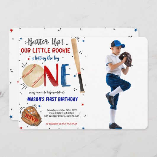 Honkbal Eerste Verjaardag Foto uitnodiging (Voorkant / Achterkant)