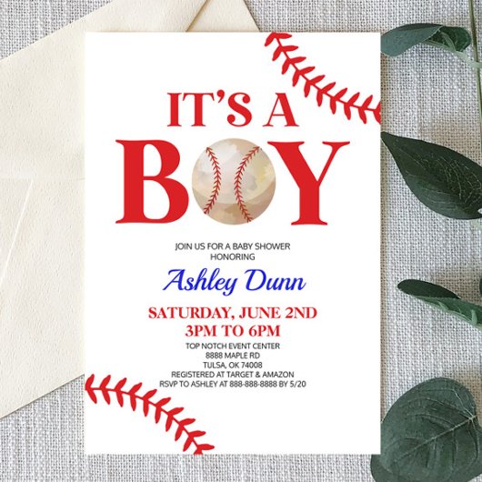 Honkbal Het is een Boy Red Blue Baby shower Kaart