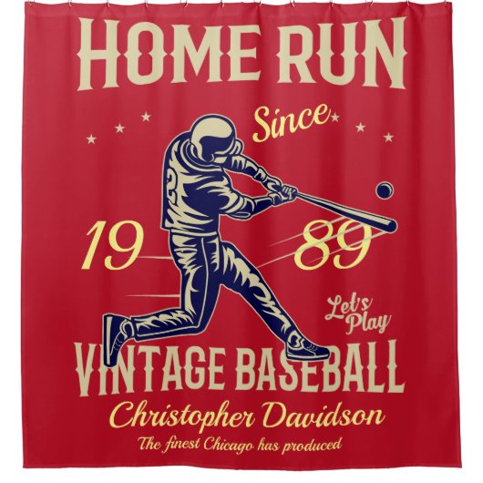 Honkbal Home Run Voeg Jouw naam Datum en Bericht R Douchegordijn (Voorkant)