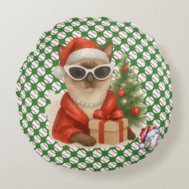 Honkbal Kerstmis thema voor Cat Lovers Rond Kussen (Voorkant)