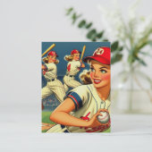  honkbal meisjes illustratie briefkaart (Staand voorkant)