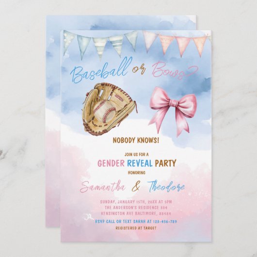 Honkbal of Bows Hij of Zij Gender Reveal Party Kaart (Voorkant / Achterkant)