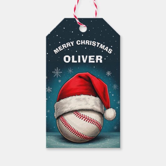 Honkbal Rode Kerstman Hoed Naam Kerstmis Cadeaulabel (Voorkant)