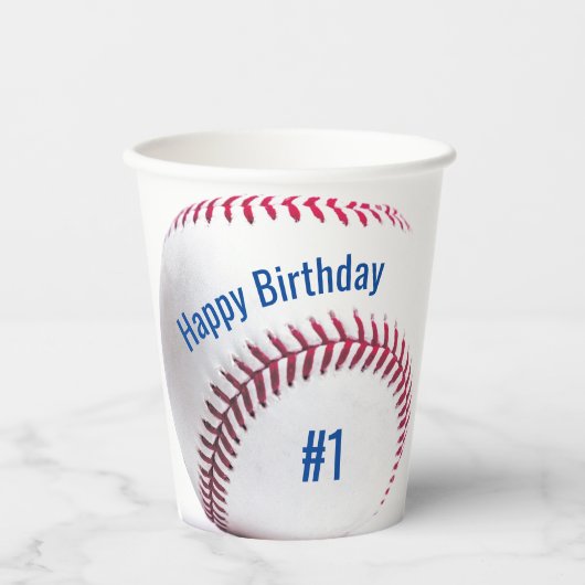 Honkbal Rood Wit en Blauw Naam en Leeftijdsfeestje Papieren Bekers (Voorkant)