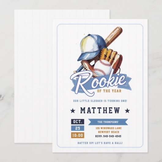 Honkbal Rookie Ball Bat Pet Blue Boy 1st Verjaarda Kaart (Voorkant / Achterkant)