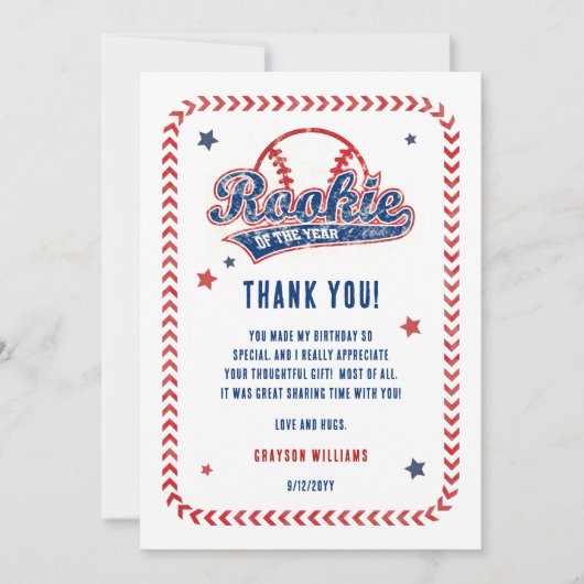 Honkbal Rookie van het Jaar 1e Verjaardagsfeest Bedankkaart (Voorkant)