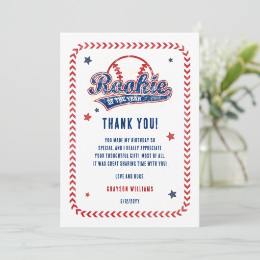 Honkbal Rookie van het Jaar 1e Verjaardagsfeest Bedankkaart (Staand voorkant)