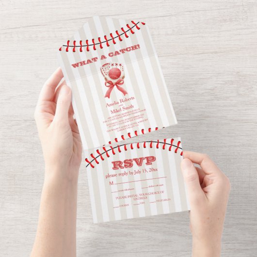 Honkbal Sport Perfect Catch Bruiloft All In One Uitnodiging (Afscheurbaar)