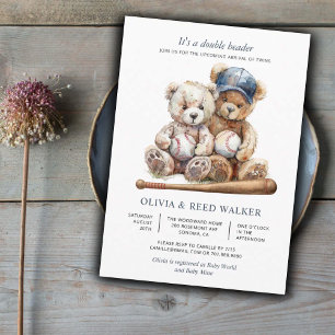 Honkbal Teddyberen Tweeling Baby Shower Kaart