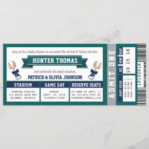 Honkbal Ticket Baby shower, Blauw, Groen Kaart