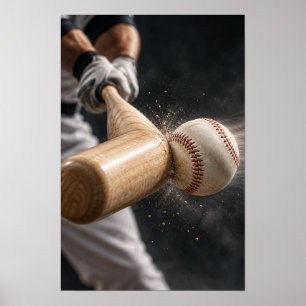 Honkbalbat en bal impact close-up sportmuur poster