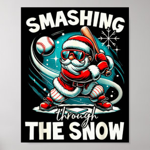 Honkbalspeler Kerstman, doorheen slaand Poster