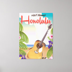 Honolulu akoestische gitaar vintage reisposter. canvas afdruk