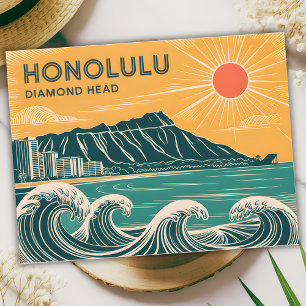 Honolulu Diamond Head Oahu Waikiki Retro Minimal Briefkaart