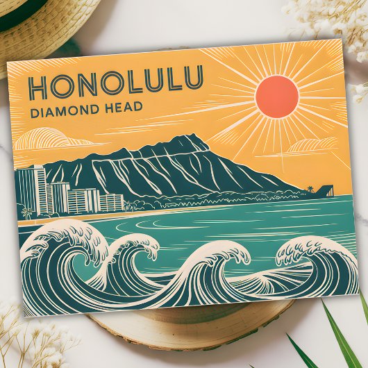 Honolulu Diamond Head Oahu Waikiki Retro Minimal Briefkaart